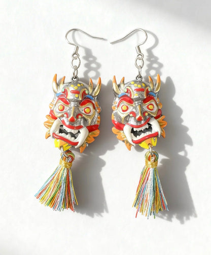 Azure Lion Mask Tassel Earrings | Ancient China Jewelry