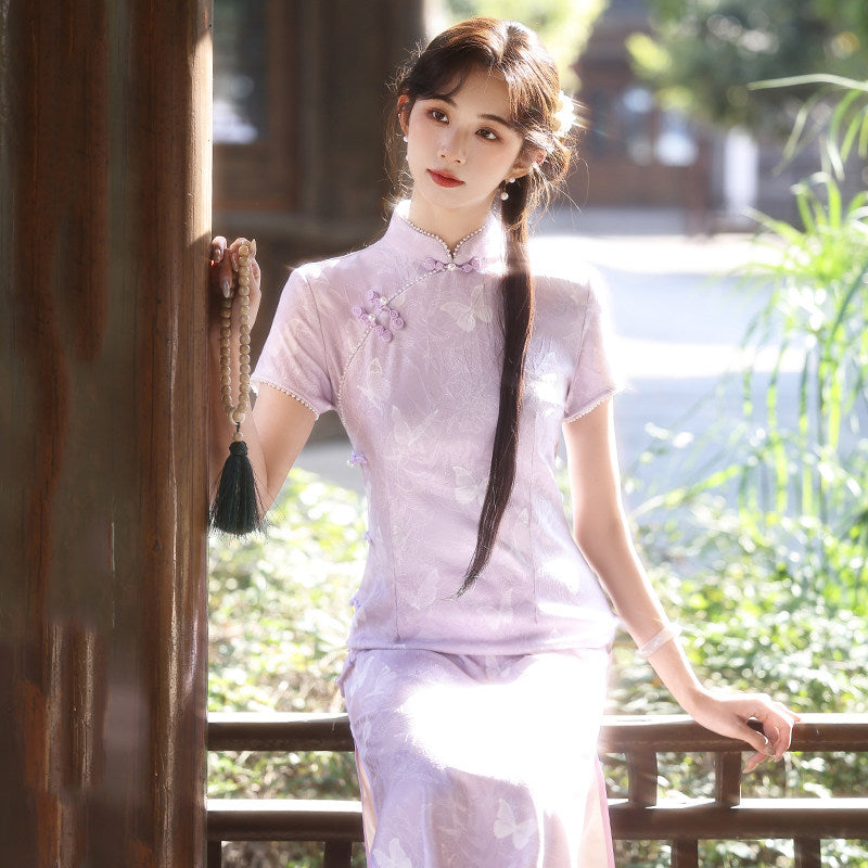 Short Sleeve Butterflies Midi Cheongsam | Lilac