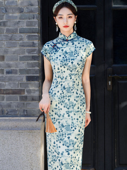 Short Sleeve Pixelated Long Cheongsam | Ida
