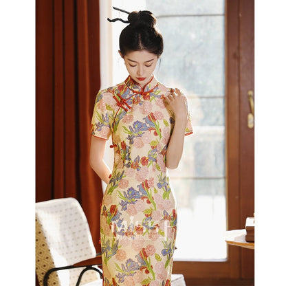 Short Sleeve Floral Long Cheongsam | Wenwen