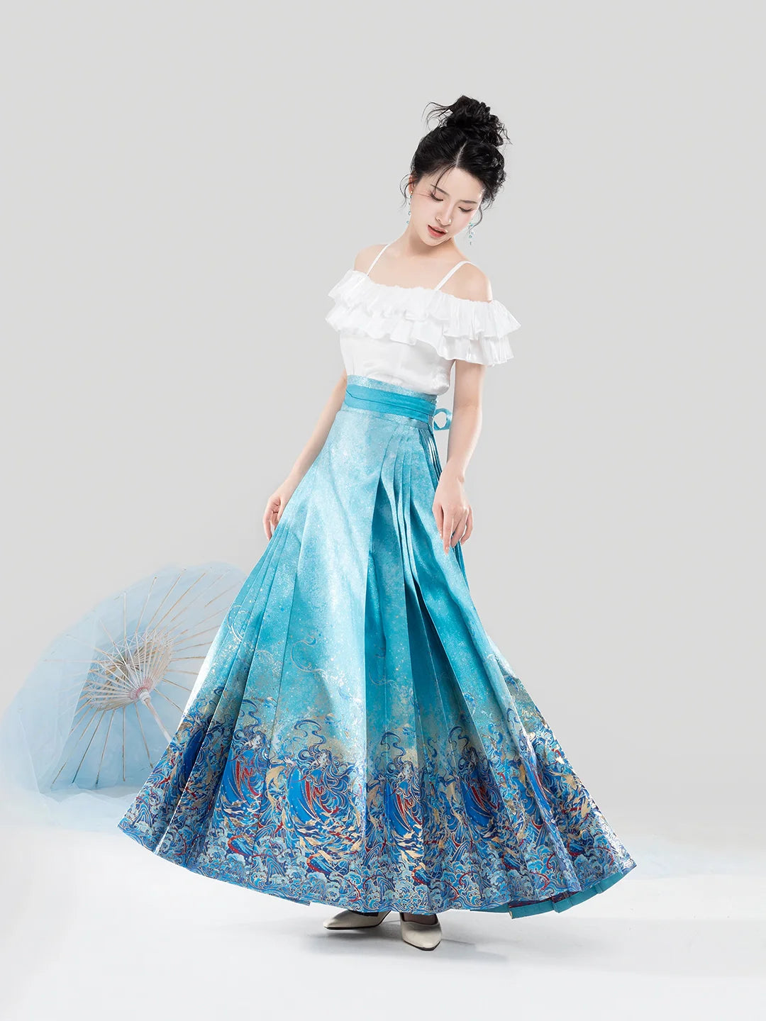 Chinese Off Shoulder Blouse & Mamian Skirt Outfit | Mermaid 五行水