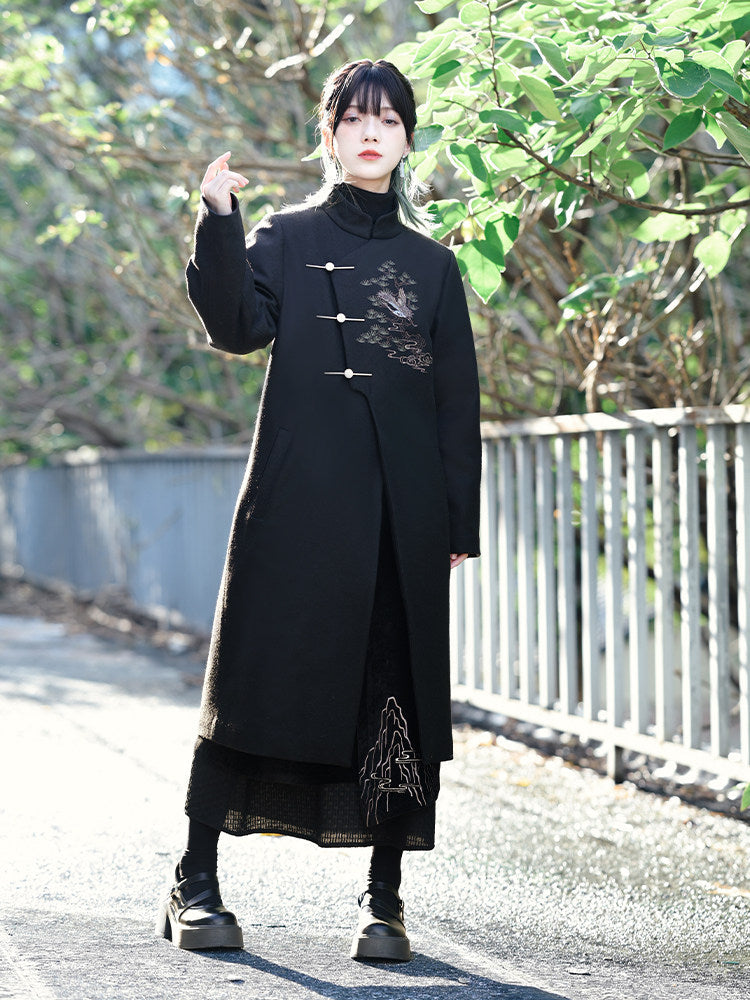 New Chinese Style Embroidery Tweed Coat - Songhe 松鹤