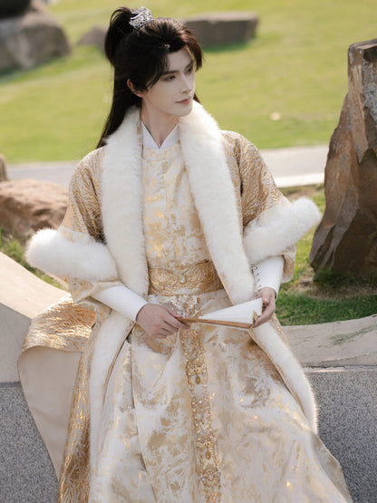 Royalty and Wealth | Tang Dynasty Round Collar Robe and Eco Faux Arctic Fox Gold Woven Fur Coat