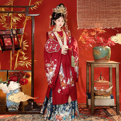 Ming Dynasty Chinese Wedding Hanfu with Xiapei & Mamian Skirt | Double Happiness 上囍