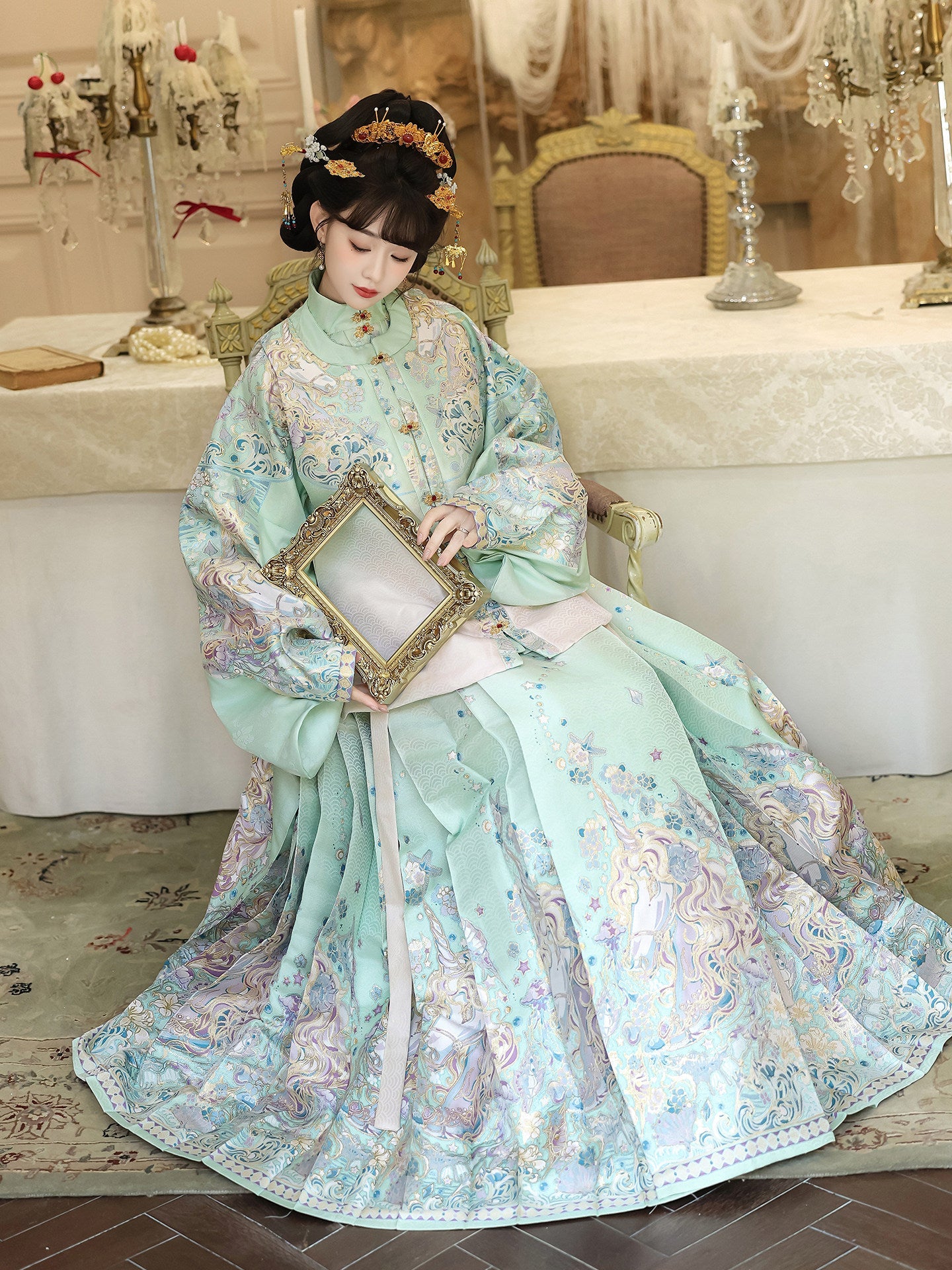 Ming Dynasty Pastel Violet Mint Green Pipa Sleeve Top & Mamian Skirt | Menghuan 梦幻