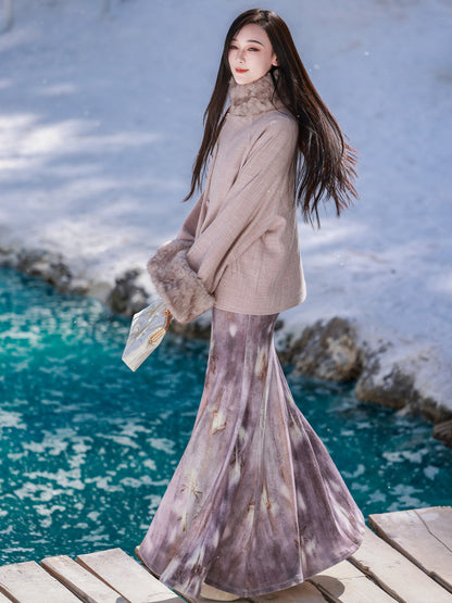 New Chinese Style Fitted Mermaid Cheongsam Dress and Outerwear with Detachable Fur Collar - Purple Mist 生紫烟 (Preorder)