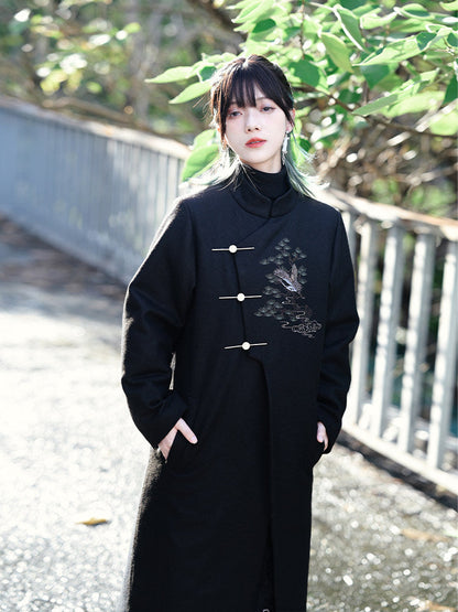 New Chinese Style Embroidery Tweed Coat - Songhe 松鹤