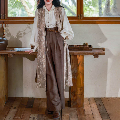 Chinese Sleeveless Robe with Cotton Linen Top & Wide Leg Pants | Southern French Holiday 南法假日