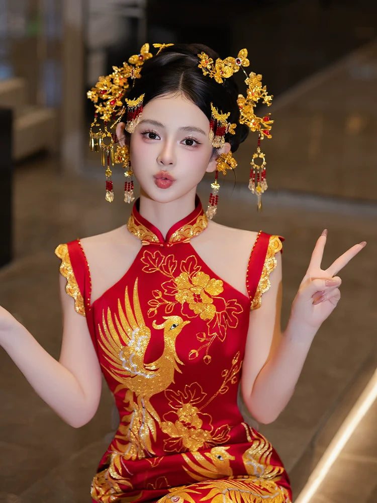 Red and Gold Floral Bridal Hair Accessories Handmade Butterfly and Dragonfly Hairpins for Chinese Wedding Xiuhe Dress