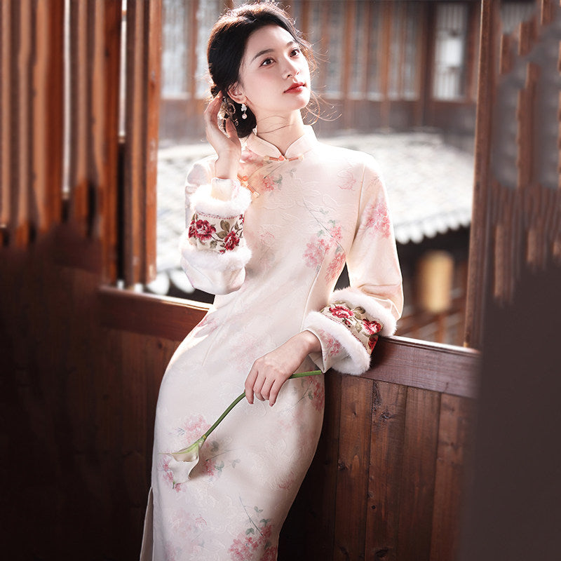 Long Sleeve Fur Trim Soft Pink Floral Qipao | Blush