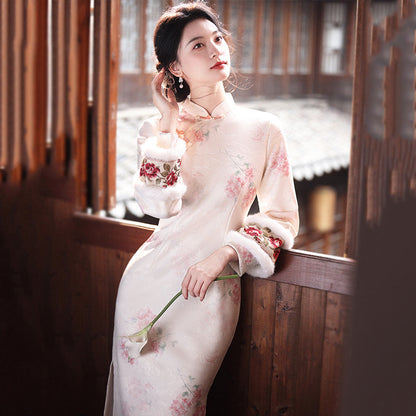 Long Sleeve Fur Trim Soft Pink Floral Qipao | Blush