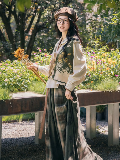 New Chinese Garden Style Knit Vest Top and Skirt - Suihan 岁寒三友