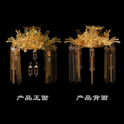 Starlit Phoenix Crown - Gold Bridal Headpiece Chinese Wedding Hair Accessories with Forehead Pendant