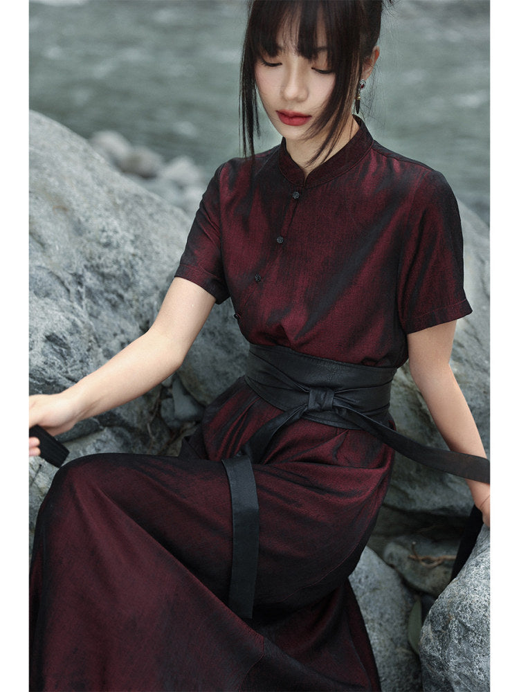 New Chinese Style Burgundy Cheongsam Dress - Chilan 赤阑