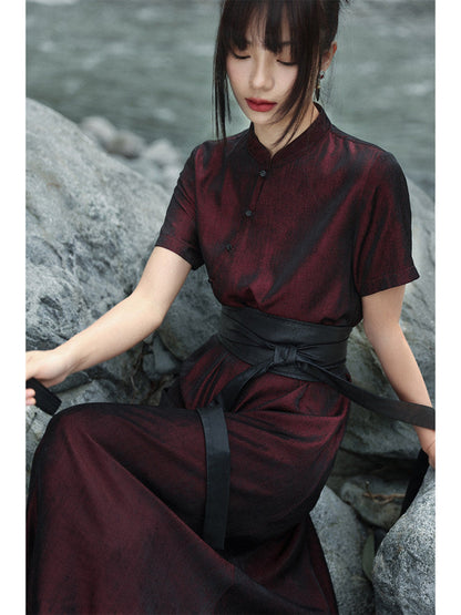 New Chinese Style Burgundy Cheongsam Dress - Chilan 赤阑