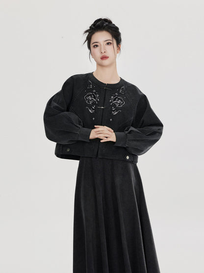 Yan Gui | New Chinese Style Retro Washed Denim Jacket and Skirt Set