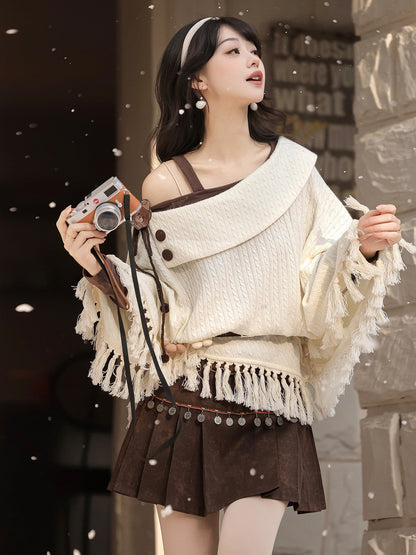 New Chinese Style Off Shoulder Knitted Cloak and Skirt - City Witch 城市女巫