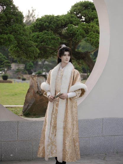 Royalty and Wealth | Tang Dynasty Round Collar Robe and Eco Faux Arctic Fox Gold Woven Fur Coat