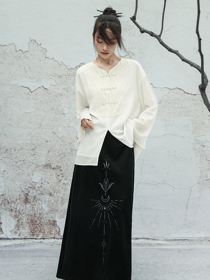 New Chinese Style V Neck Chiffon Lace Embroidered Long Sleeve Top - Symplocos 山矾