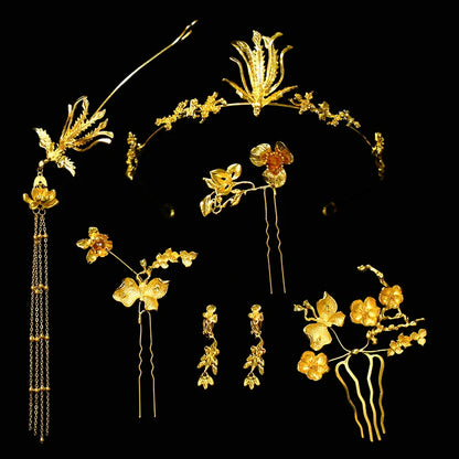 Glimmer of Red Blossoms - Gold Phoenix Bridal Hairband and Hairpin Minimalist Chinese Wedding Accessories