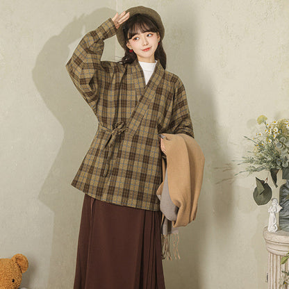 Modern Hanfu Cross Collar Plaid Jacket for Autumn and Winter - Warm Sun 暖阳