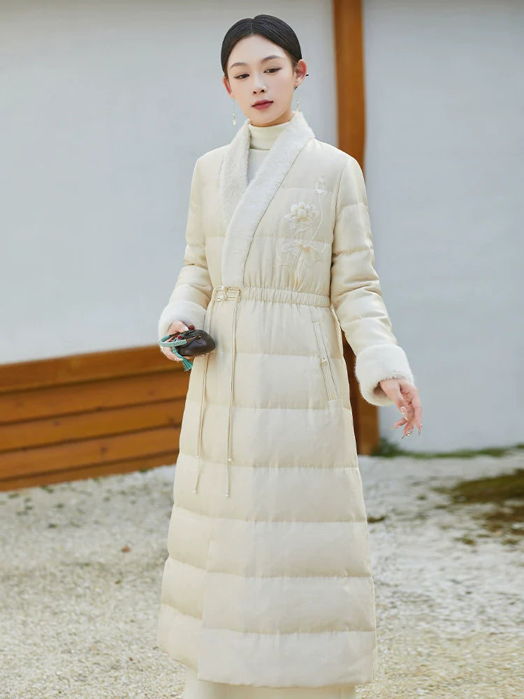 Han Shunning 寒霜吟 - Chinese Style Women Long Winter Coat, 90% White Duck Down, Lightweight Warm Hanfu Outerwear