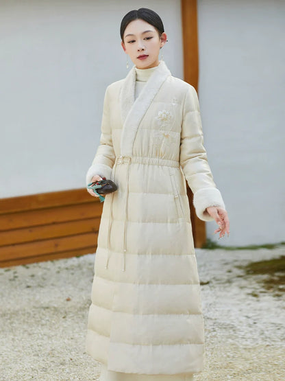 Han Shunning 寒霜吟 - Chinese Style Women Long Winter Coat, 90% White Duck Down, Lightweight Warm Hanfu Outerwear