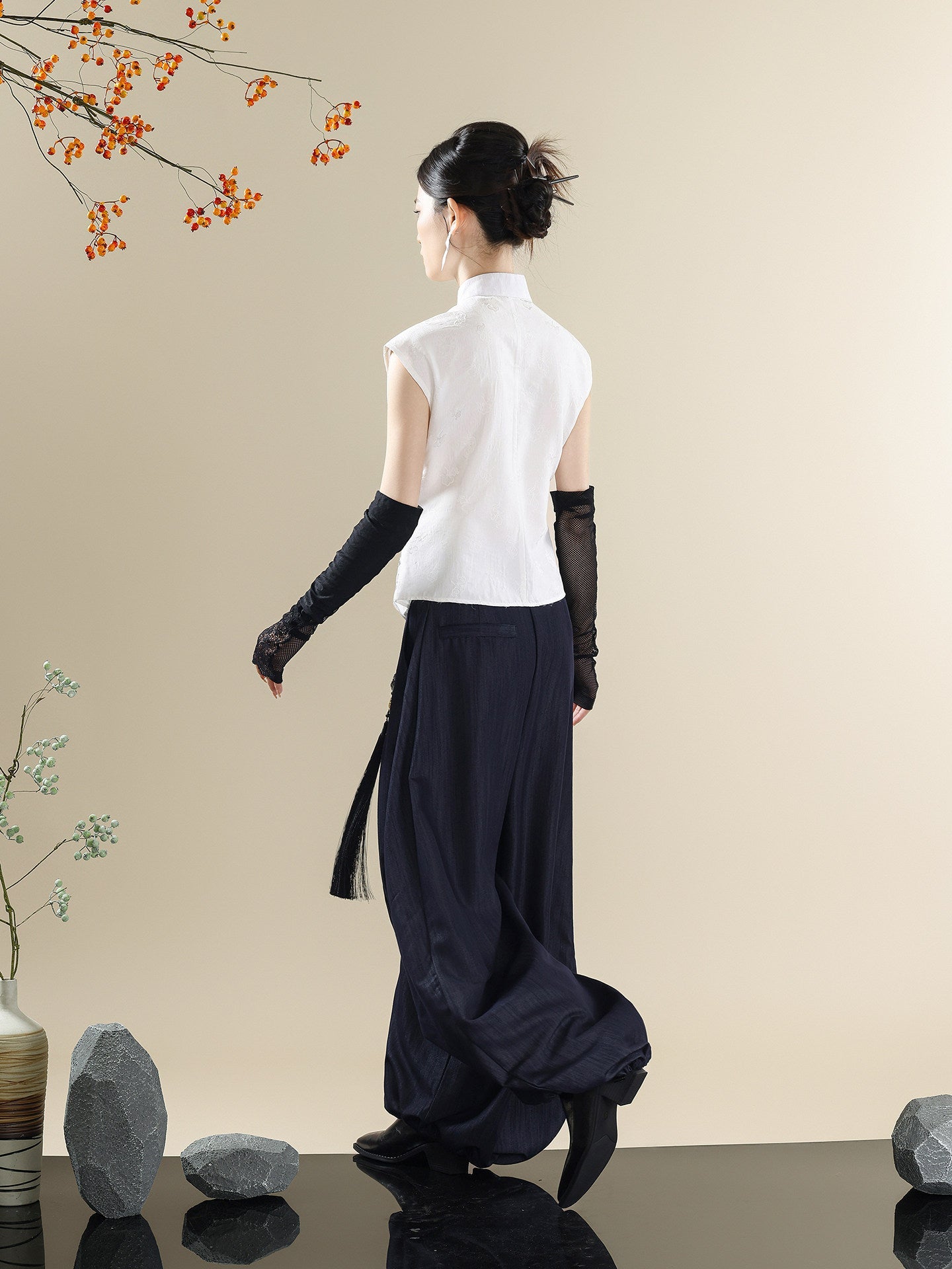 New Chinese Style Asymmetric Mandarin Collar Top & Denim Saber Pants Set