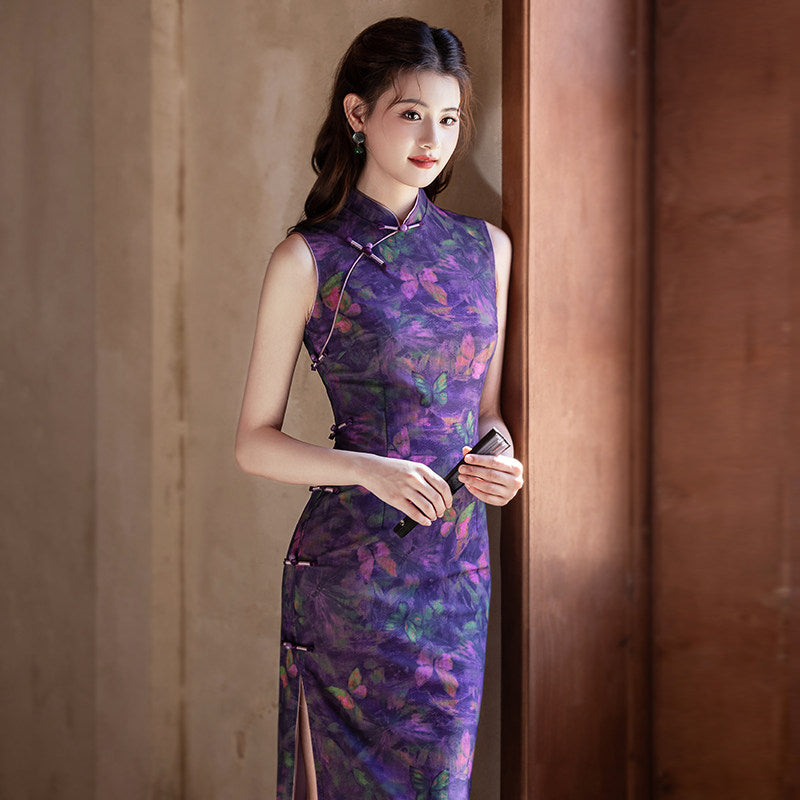 Sleeveless Butterflies Printed Midi Cheongsam | Mystic
