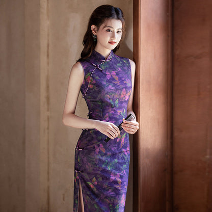 Sleeveless Butterflies Printed Midi Cheongsam | Mystic