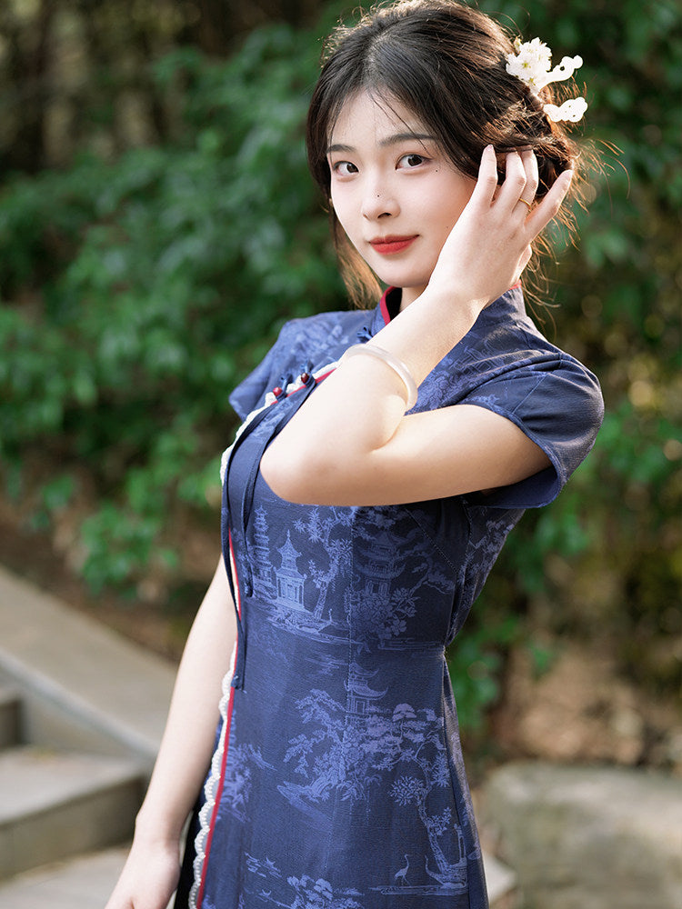 Short Sleeve Floral Long Cheongsam | Hengqing