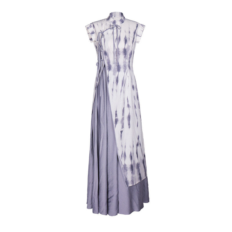 New Chinese Style Sleeveless Tie Dye Cheongsam Dress in Grey - Misty Clouds 云烟 (Preorder)