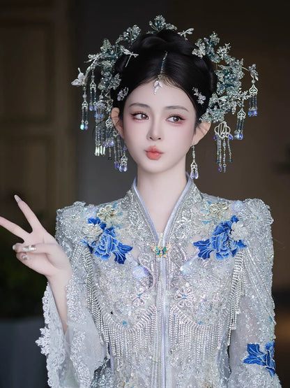 Ocean Petals - Blue Floral Tassel Bridal Hairpin New Chinese Wedding Hair Accessories for Xiuhe, Hanfu, and Cheongsam Bride