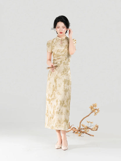 New Chinese Style Short Sleeve Qipao Summer Dress - Apricot Branch 杏枝 (Preorder)