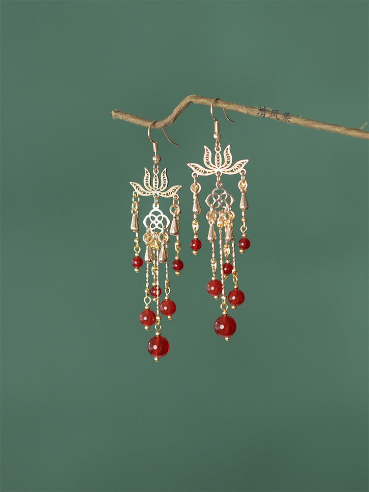 Blooming Lotus Red Agate Bridal Earrings | Hanfu Jewelry