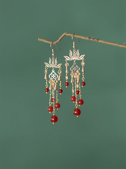Blooming Lotus Red Agate Bridal Earrings | Hanfu Jewelry