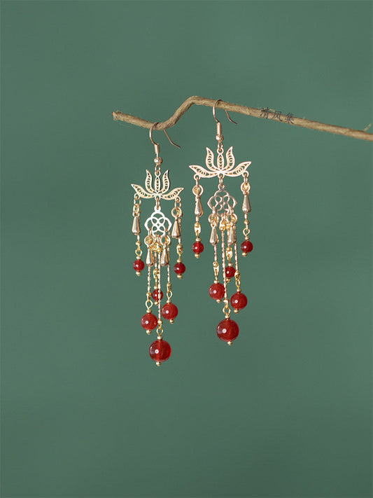 Blooming Lotus red agate bridal earrings - hanfu jewelry — side profile