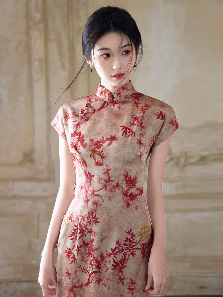 Short Sleeve Floral Midi Cheongsam | Mid Autumn