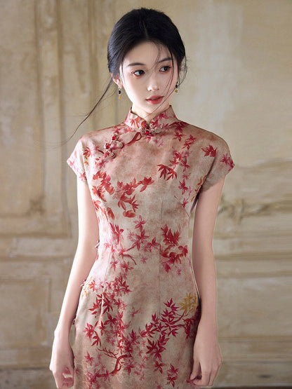 Short Sleeve Floral Midi Cheongsam | Mid Autumn