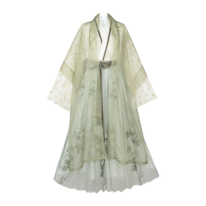 Song Dynasty Modern Hanfu Changgan Temple Beizi with Pleated Green Skirt - Bu Ruan 不染 (Preorder)