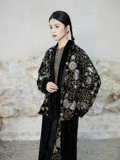 New Chinese Style Beaded Embroidery Cotton Padded Oversized Jacket and Velvet Spiral Skirt - Zhimian 知棉