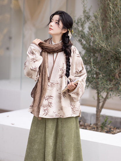 Ming Dynasty Modern Hanfu Winged Sleeve Top with Elastic Skirt - Oz Brown 绿野仙棕 (Preorder)