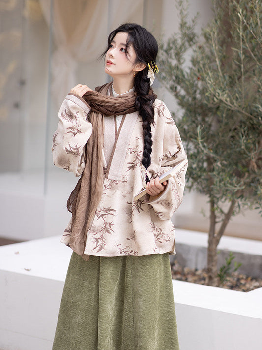 Ming Dynasty Modern Hanfu Winged Sleeve Top with Elastic Skirt - Oz Brown 绿野仙棕 (Preorder)