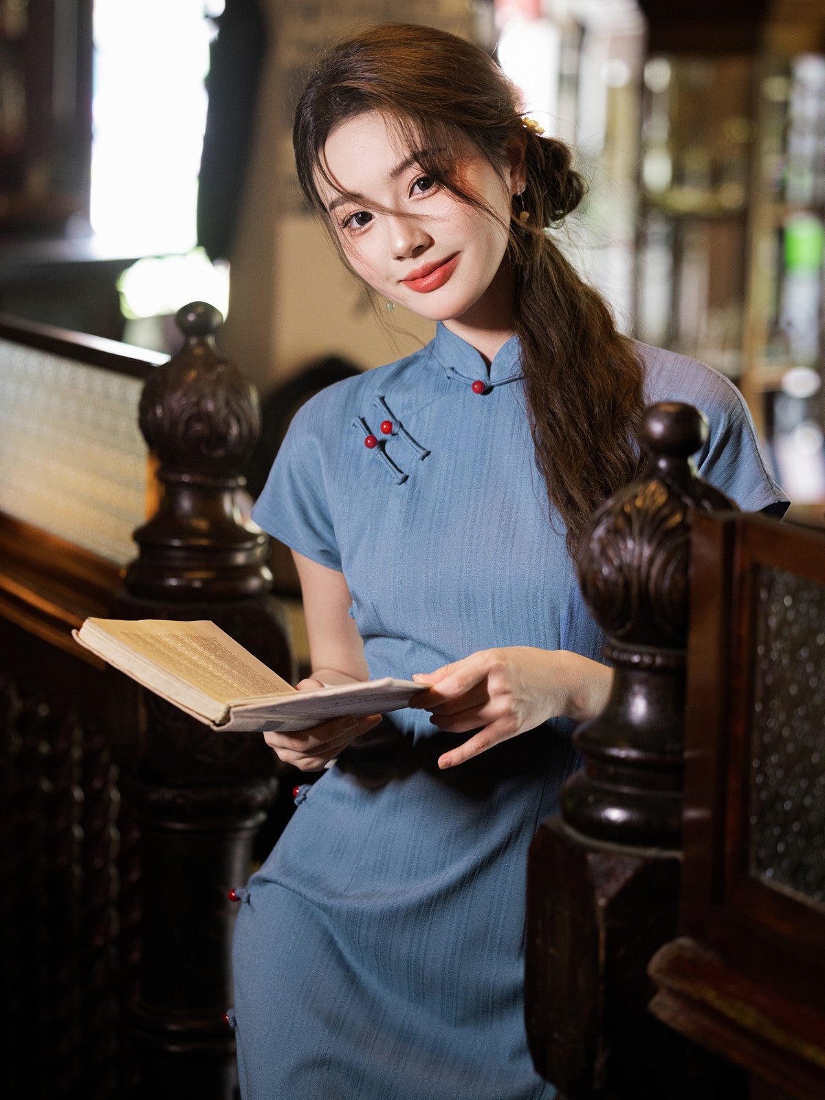 Short Sleeve Long Cheongsam | Peacock Blue