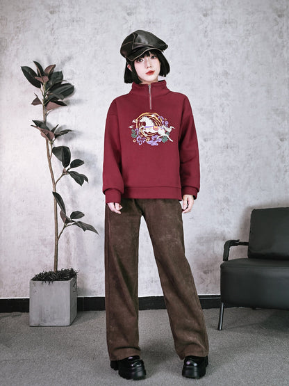 New Chinese Style Retro Red Fleece Sweatshirt - Saddle 锦鞍