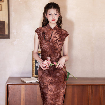 Short Sleeve Floral Long Cheongsam | Qiangwei