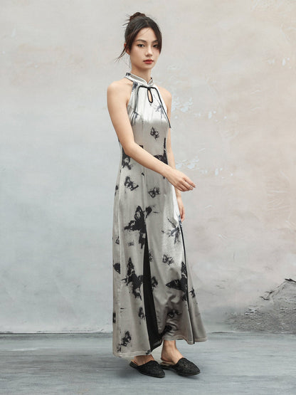 New Chinese Style Summer Retro Halter Neck Silver Butterfly Shadow Print Sleeveless Cheongsam Dress