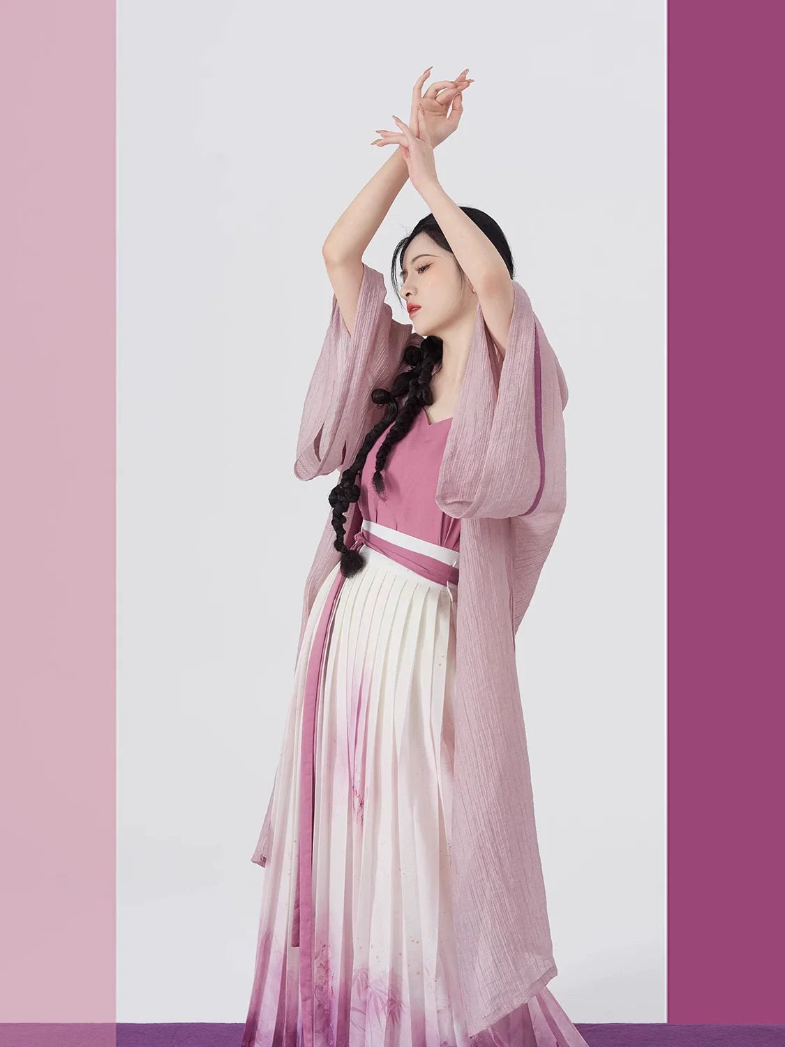 Song Dynasty Modern Hanfu Set with Changgan Temple Beizi and Wrap Skirt - Pink Carved Jade 粉雕玉琢 (Preorder)