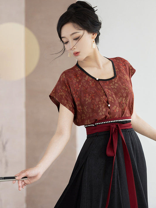 Tang Dynasty Modern Hanfu Beizi and Wrap Skirt - Drunken Flowers 醉花阴 (Preorder)