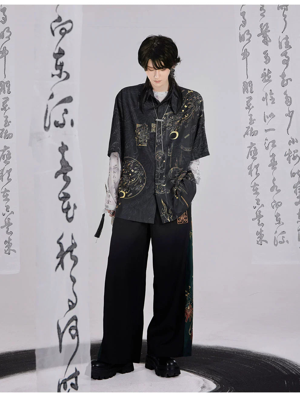 Bronze 青铜 - New Chinese Style Printed Shirt Wide Leg Pants Outfit